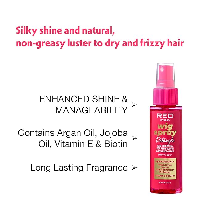 Red by Kiss Wig Spray, Extra Shine & Detangling Control for Remy, Human, Synthetic Hair, UV & Heat Protection, PH Balance & Long-Lasting Fragrance (2oz, Detangling)