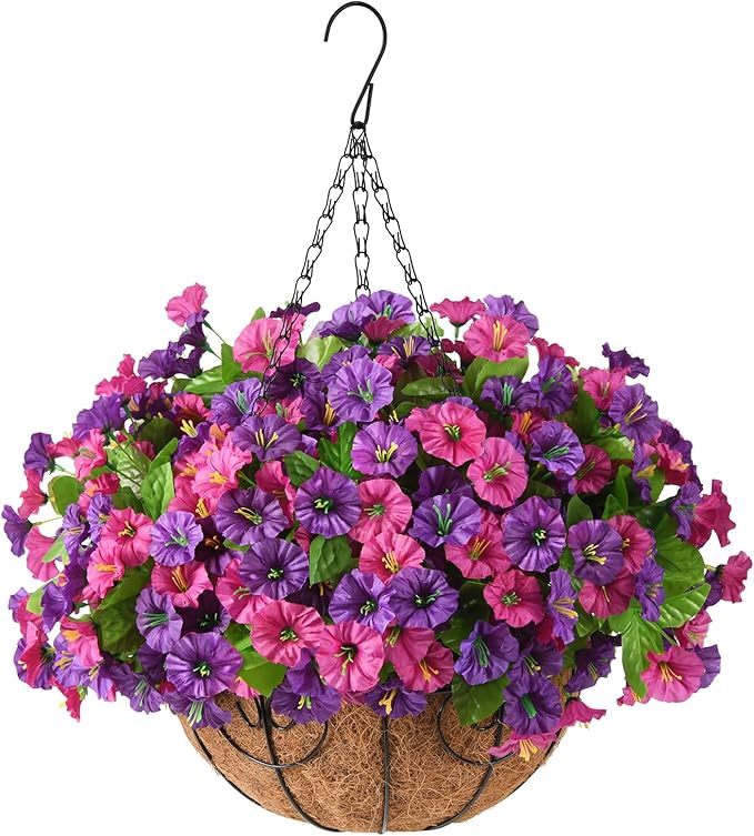 Homsunny Artificial Fake Hanging Flowers with Basket for Outdoors, Faux Silk Petunias Flower Spring Summer Decor UV Resistant Look Real Outside Patio Front Porch Decorations