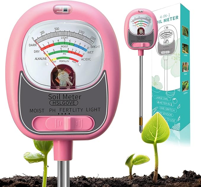 HSLGOVE 4-in-1 Soil Test Kit – Soil Moisture Meter, pH, Fertility & Sun-Light, No Battery Required, Large Dial Soil Tester for Indoor & Outdoor Gardening, Lawn, Farm –Baby Pink