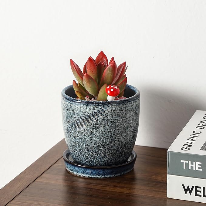 Set of 2 Ceramic Planters with Drainage Holes & Saucers - 4 + 5.75 Inch Blue & White Reactive Glaze Flower Pots - Unique Decorative Succulent Orchid Pots for Indoor Outdoor Coastal Home Decor