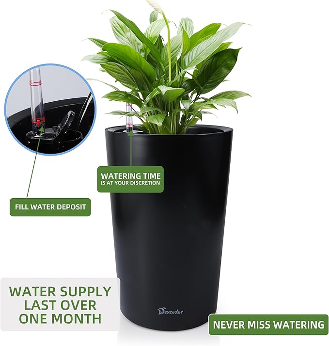 Dexceder 16x12 Tall Self Watering Planter High Cylinder Indoor Outdoor, Thickened Large Floor Standing Flower Plant Pot with Water Level Indicator (Black Matte)
