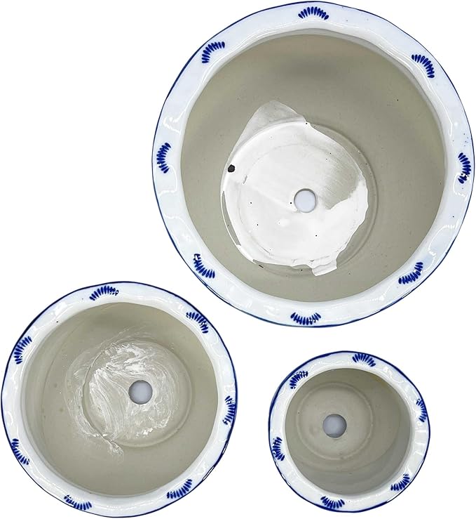 Galt International Blue & White Floral Porcelain Ceramic Decorative Compact Flower Pot 8"/6"/4.5" Diameter Garden Pots Chinese Asian Design - Set of 3 Round Pots