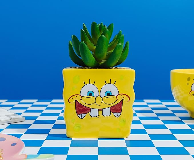 Silver Buffalo Nickelodeon Spongebob Squarepants Face 3-Inch Ceramic Mini Planter with Artificial Succulent | Flower Pot, Faux Indoor Plants