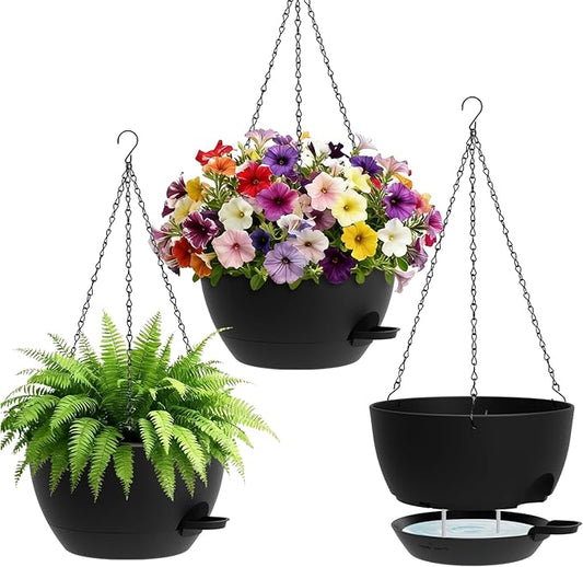 UOUZ Set of 3-10 Inch Self Watering Hanging Planters for Indoor & Outdoor，Hanging Plant Pots with Drainage & Removable Tray, Hanging Pots Holder for Ivy, Spider Plants, Ferns, Balcony & Patio, Black