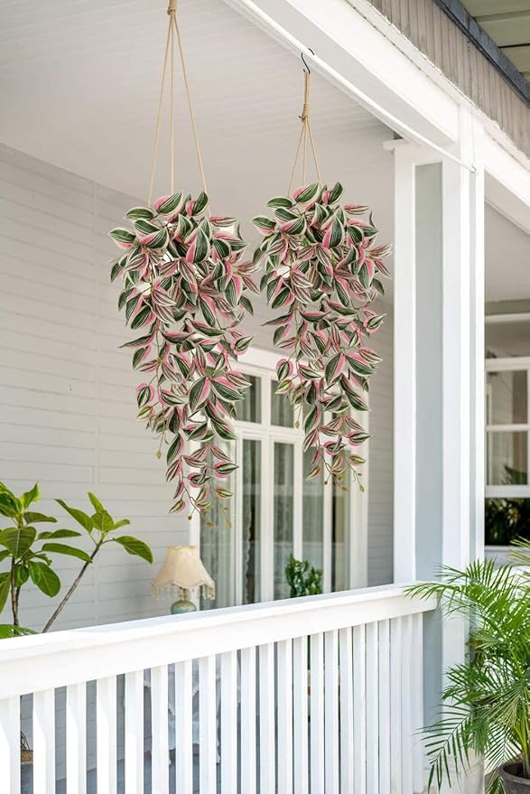 DILATATA Fake Hanging Plants Artificial Hanging Plants 146 Leaves Faux Wandering Jew Hanging Leaves Plants for Wall Shelf Home Indoor Outdoor Decor - 2 Pack