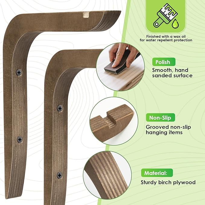 USION Wooden Plant Hangers Indoor Wall Mount, 8.6-Inch Hanging Plant Hooks for Wall, Basket Hooks for Lanterns, Flower Bracket, Wind Chimes, Light, Bird Feeders Decoration (Brown 4PCS)