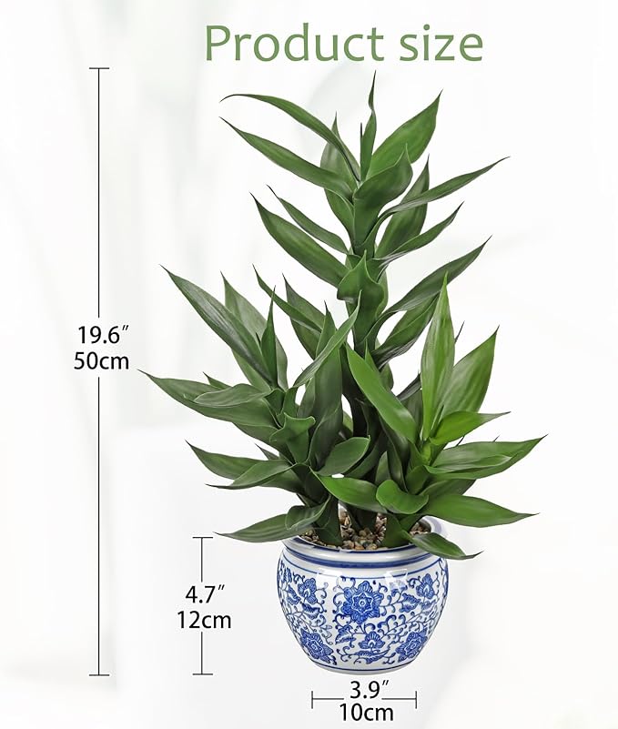 Artificial Potted Plants Indoor Home Decor 20" Tall Fake Lucky Bamboo Plant in Blue and White Ceramic Pot Faux Potted Plants Indoor Houseplant for Home Tabletop, Office Desk, Shelf, Zen Room