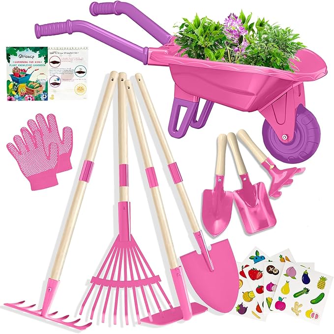 Qtioucp Kids Gardening Tools Outdoor Toys Set Backyard Play with Wheelbarrow Educational STEM Learning Pretend Toys Outdoor Indoor for Toddlers Kids Boys Girls