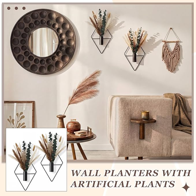 Jexine 4 Pcs Hanging Planters with Artificial Pampas Grass Metal Hanging Vase Indoor Plants Holder Modern Geometric Boho Bathroom Wall Decor for Living Room Home Office(Black)