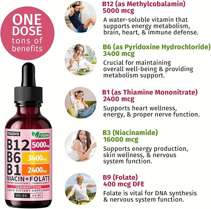 (4 Pack) Vitamin B12 and B6 Liquid Drops, B12 Sublingual Vitamin B Complex - B 12 Vitamin 5000mcg - B12 Methylcobalamin for Energy, Brain, and Heart Support with 27,200 mcg, Strawberry, 80 Servings