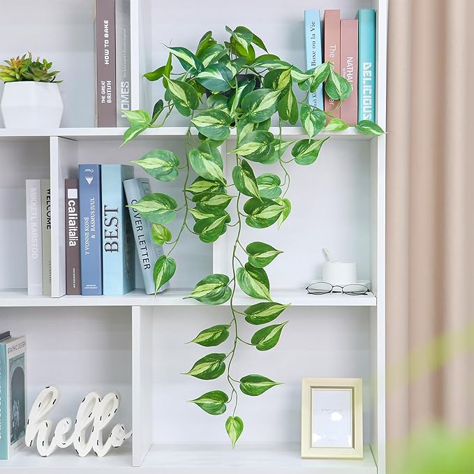 Fake Pothos Hanging Plants Artificial Ivy Vines with Pots - Realistic Indoor Greenery Decor, Low Maintenance Faux Home Decoration (1 PCS)