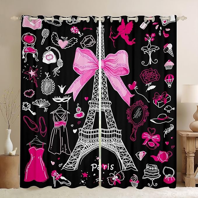 Eiffel Tower Curtains & Drapes,City Building of Paris Blackout Curtains,French Style Romantic France Window Treatments,Make Up Themed Pink Hearts Modern Fashion Window Curtains 2 Panels 38"Wx45"L