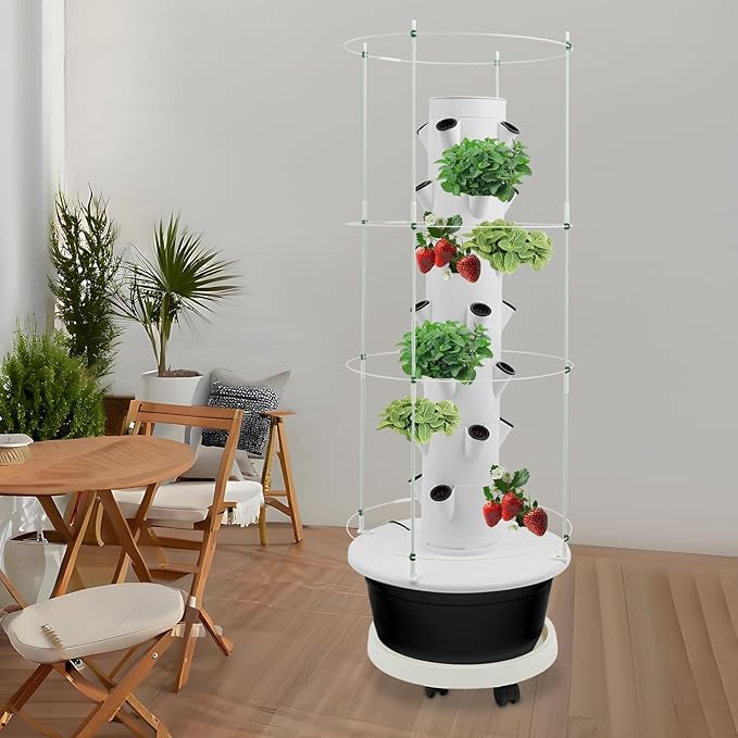 Hydroponic Growing System Kit, Vertical Hydroponic Tower with Climbing Trellis, Indoor & Outdoor Herb Garden, Vegetable Tower with 28 Planting Pods for Tomatoes,Strawberries (White and Black)