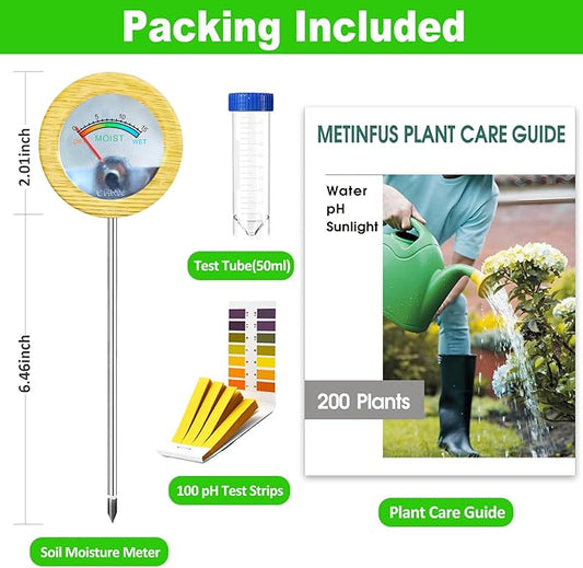 Soil Moisture Meter - Included 200+ Plants Care Guide, 100 pH Test Strips & Sample Tube, Soil Water Tester, Soil Hygrometer Sensor Tool for Garden, Lawn, Farm Plants Care, No Battery Needed