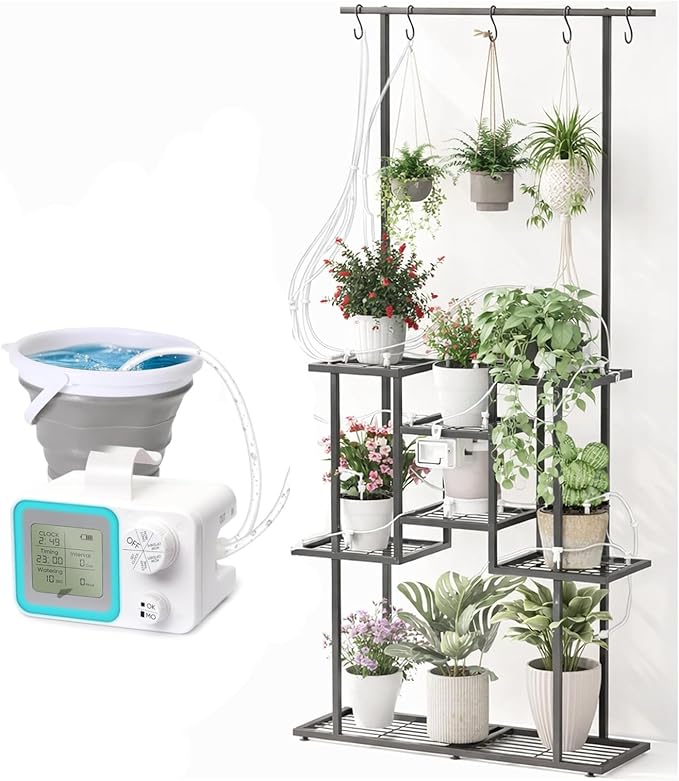 4 Tier Plant Stand with Automatic Drip Watering System, Indoor Outdoor Metal Plant Shelf with Hanging Rod, Holds 12 Pots, Space Saving Plant Display & Organizer