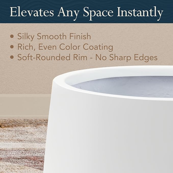 KUTE NEST 16.5" H x 15" D Premium Corso Fiberstone Round Tapered Planter with Drainage Hole, Weather Resistant for Indoor & Outdoor Use, Included 2 Extra Coco Mats (White, 11.5" Pot Opening)