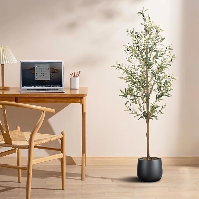 Artificial Fake Olive Tree 5FT Tall 1Pack Faux Silk Olive Tree for Home Living Room Office Decor Faux Artificial Plants Indoor Fake Potted Plants with Fruit & Free Moss