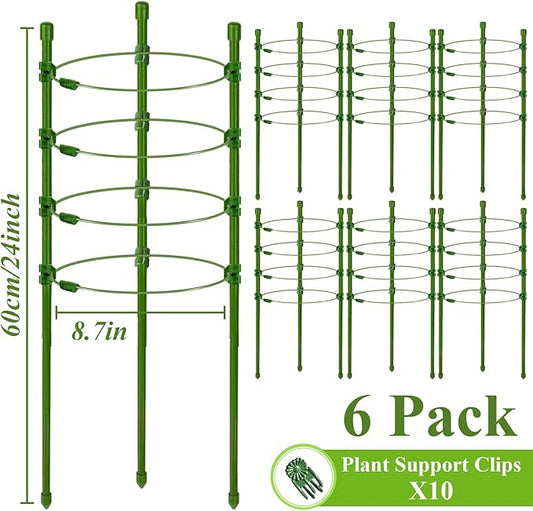 Legigo 6 Pack 24 Inch Plant Support Cages Tomato Cage for Garden- Plant Cages Adjustable Rings, Tomato Plant Support Stakes Trellis for Pots, Peppers, Cucumbers and Flowers with 10 Plant Clips