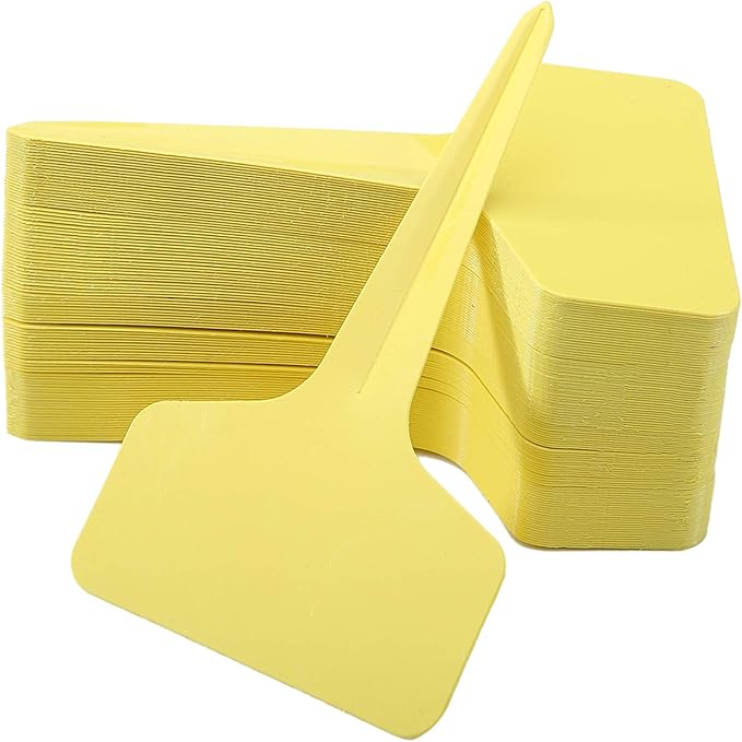 100 Pcs T-Type Plant Labels with a Gel Pen, Waterproof Nursery Plant Tags Plastic Garden Markers, Yellow, 6 x 10cm