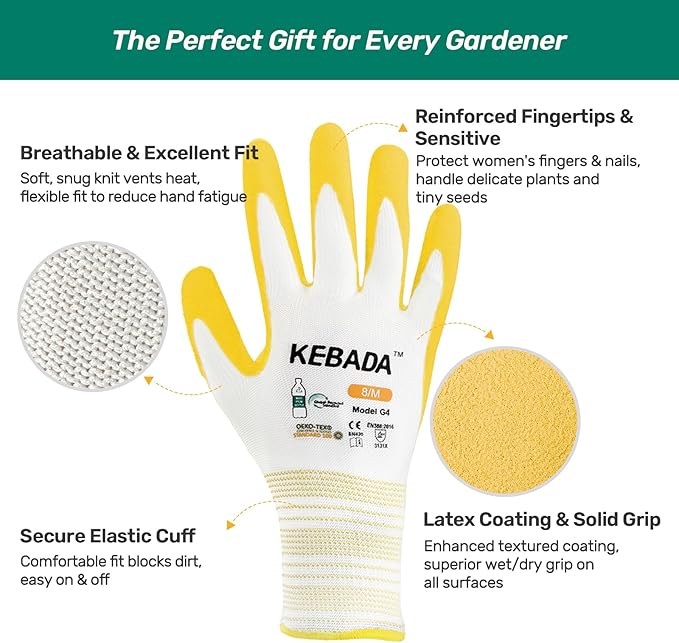 Kebada Gardening Gloves for Women, 2 Pairs Latex Coated Yard Gloves, Micro-Foam Textured Coating on Palm & Fingers, Breathable Womens Work Gloves, High Visibility, Medium, Lilac & Yellow