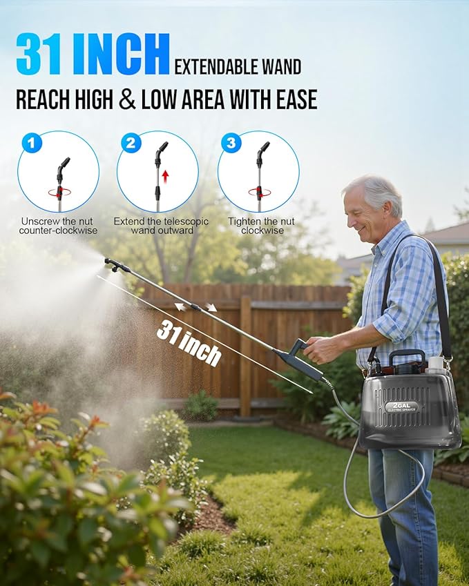 Battery Powered Sprayer 2 Gallon, Electric Weed Sprayer with 3 Adjustable Pressure Levels, 4 Nozzles & Extendable Wand, Rechargeable Garden Sprayer for Yard, Lawn, Plants & Fertilizer