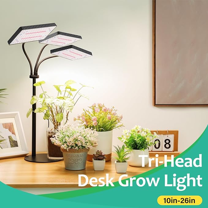 LBW Upgraded Desk Grow Lights for Indoor Plants, Tri-Head 642 LEDs Tabletop Full Spectrum Grow Light, with 3/6/12H Timer, 6 Brightness Levels, 3 Lighting Modes, Height Adjustable for 10-26 inches