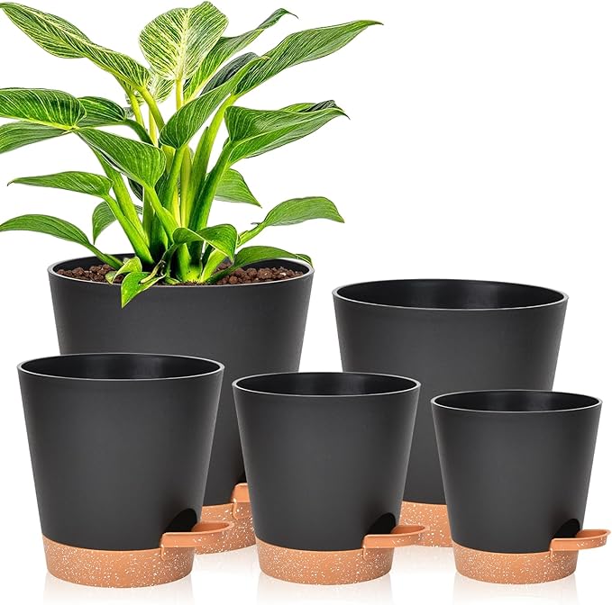 Vanslogreen Planters for Indoor Plants 7/6.5/6/5.5/5 Inch, Self Watering Flower Pots with Drainage Holes and Saucers 5 Pack Plastic Pots for Plants, Succulents, Herbs, Cactus, Flower, Black