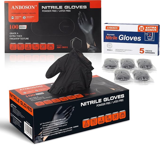 ANBOSON Nitrile Gloves 100 Count, with 5 Bonus Individually Wrapped Pairs for On-the-Go, 5 Mil Texture Grip, for Food Handling, Powder Free, Latex Free - X-Large