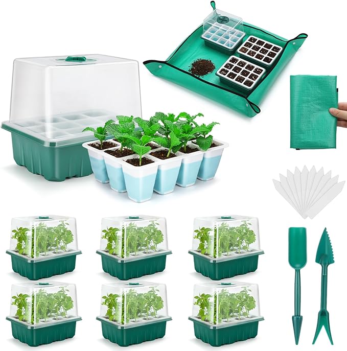 Hanaoyo Reusable Seed Starter Tray with 72 Soft Silicone Cells, 6 Pack Seed Starter Kit with Repotting Mat, Humidity Dome and High Lid, Germination Trays for Indoor Greenhouse Seed Starter