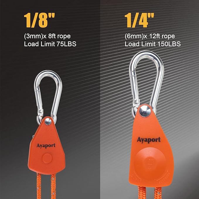 Ayaport Adjustable Rope Hanger Grow Light Hanger, 12Ft 1/4" Heavy Duty Plant Pulley Rope Tightener Ratchet Tie Down for Kayak, Tarp, Tent Tie Downs, Hanging Plants, Filters, Fans 4Pack