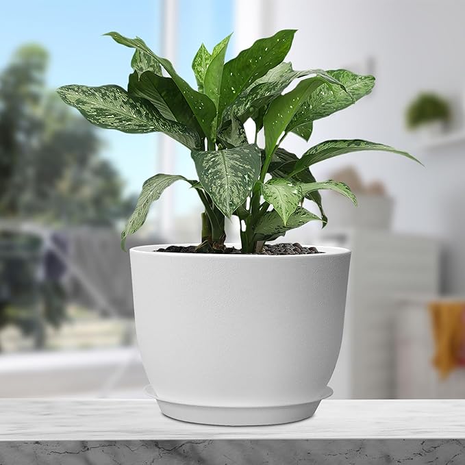 Meowell 12 inch Large Plant Pots, Plastic Planters with Drainage Holes and Saucers, Flower Pots for Indoor Outdoor Plants, Modern Decorative Pots for Garden House Plants, White