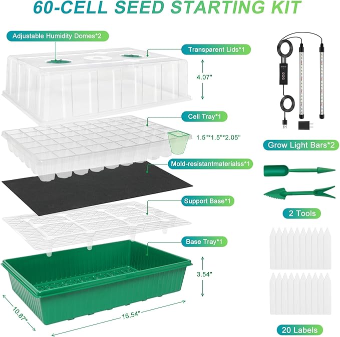 GOOINMILL Self-Watering Seed Starter Tray with Timed Grow Light, 60 Cells Plant Starter Tray Seedling Starter Kit with Humidity Domes Base Indoor Mini Greenhouse Plant Germination Trays