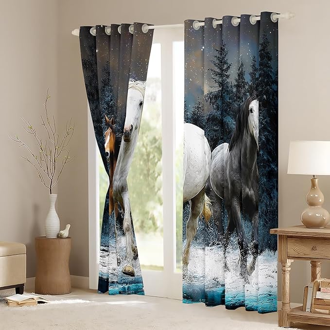 Feelyou Horse Curtains Galloping Horse Window Curtains Bedroom Living Room Kids Room Decor Boys Girls Wildlife Window Drapes Farm Animal Kids Bedroom Decor Window Treatments 38W X 45L，2 Panels