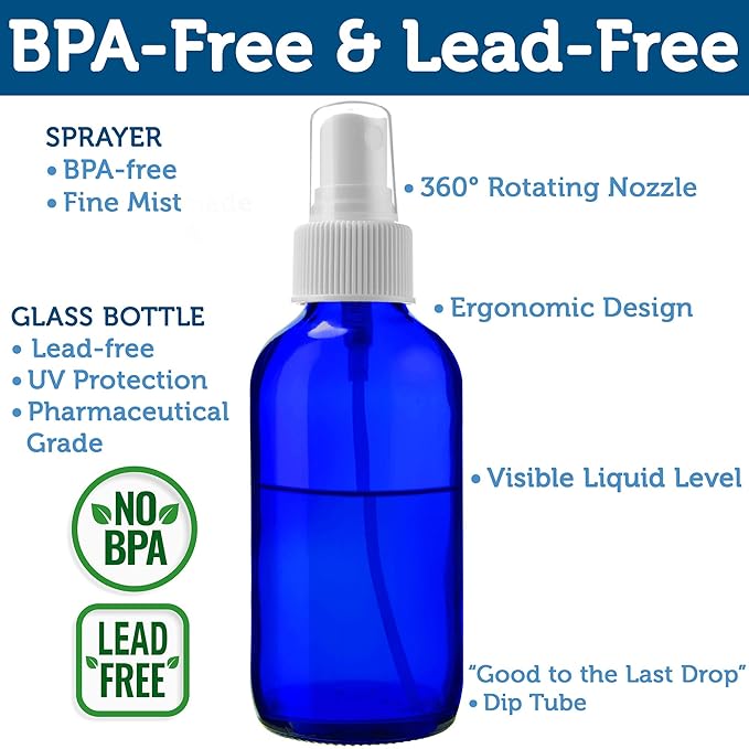 Sally's Organics Empty Blue Glass Small Portable Atomizer Spritzer, 2 Pack (4oz)