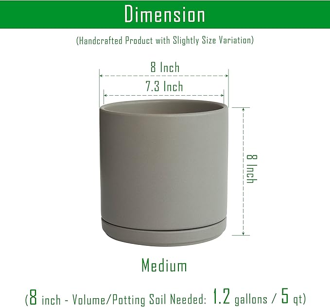D'vine Dev Set of 2 Plants Pots, 8 Inch Ceramic Planter Pot for Plants with Drainage Hole and Saucer, Speckled Grey, 94-V-D-3