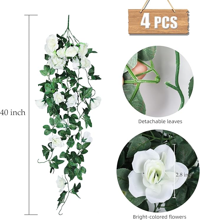 RECUTMS Artificial Hanging Rose Plant 4Pieces 3.3Ft Faux Ivy Plants Fake Outdoor Flowers Vines,UV Resistant for Wedding, Home, Office, Arch,Arrangement Decoration (White)