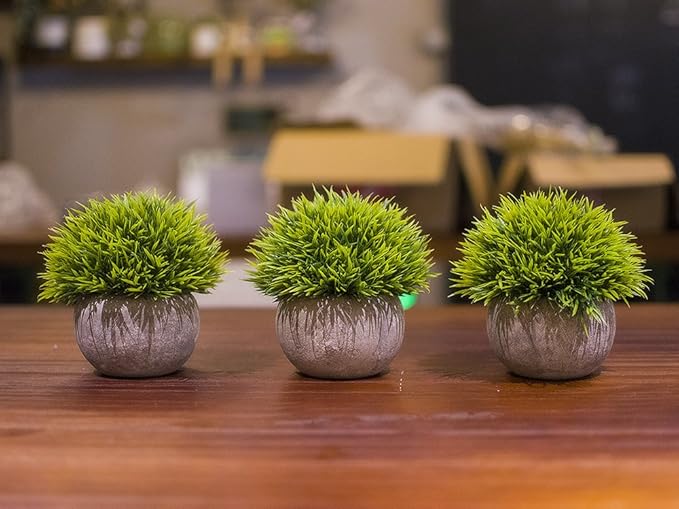 Opps Mini Artificial Plants Plastic Fake Green Grass Topiary Shrubs with Gray Pot for Home Décor – Set of 3