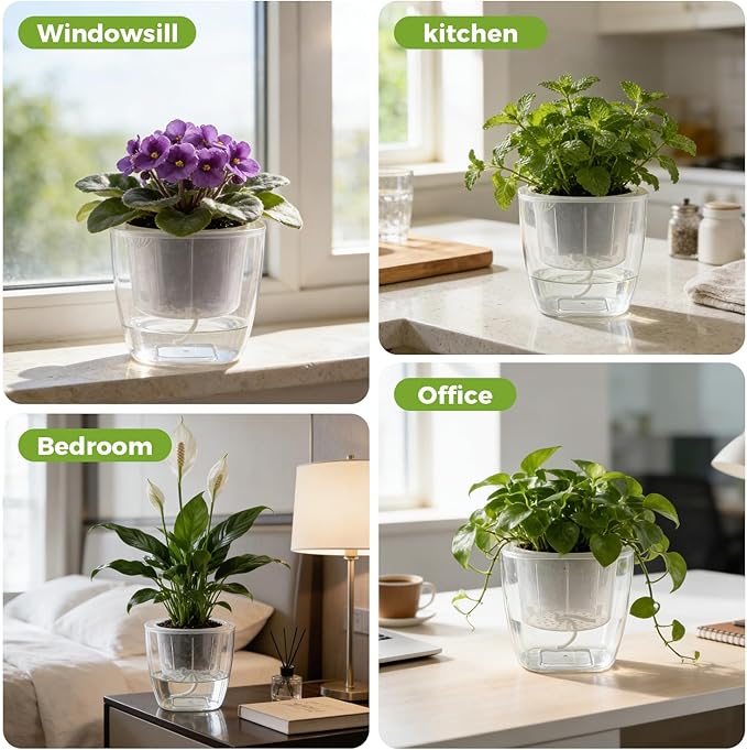 12-Pack Clear Self Watering Planters for Indoor Plants 7" Large African Violet Plant Pots Plastic Wick Flower Pots with Water Injection Hole, Orchid Plant Pot Set, Clear