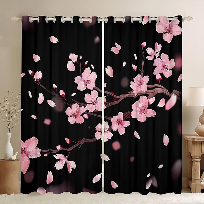 Feelyou Cherry Blossoms Blackout Curtain Japanese Style Curtains for Kids Boys Girls Blossom Floral Window Drapes Botanical Floral Window Treatments 52W X 90L,2 Panels