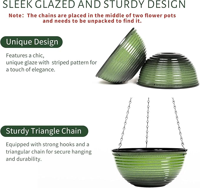 Vanslogreen 10 Inch Hanging Planter, 2 Pack Hanging Planters for Indoor Outdoor Plants, Hanging Pots with Drainage Holes for Garden Home (Green)