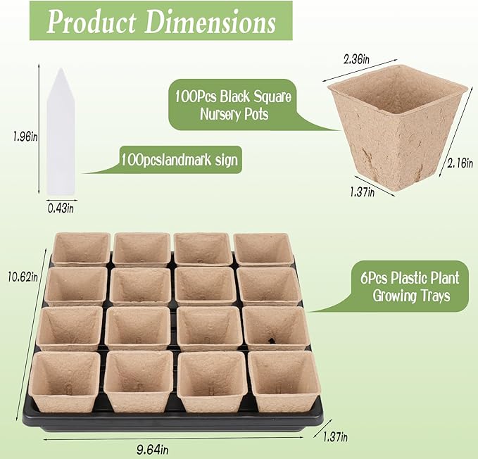 100 Pcs Square Nursery Pots with Drain Holes and 6 Pcs Plastic Plant Growing Trays and Plant Labels, Seed Starter Kit Propagation Tray Seed Starting Pots for Seedling Plant Growing