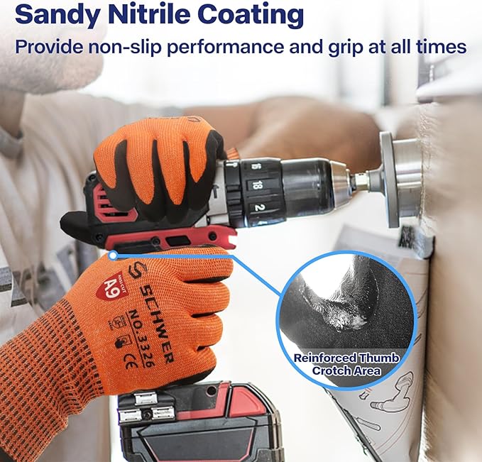 Schwer ProGuard Highest Level Cut Resistant Work Gloves PR3326 for Extreme Protection, ANSI A9 Cut Gloves with Reinforced Thumb, Non Slip, Breathable, Cooling, Durable, Touch-screen, Orange 2 Pairs（S）