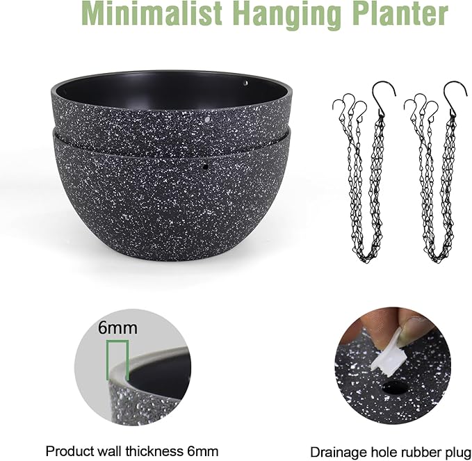 Meowell 8 inch Small Hanging Planters for Indoor Outdoor Plants, 2 Pack Hanging Flower Plant Pots with Drainage Holes and Chain for Porch, Plastic Hanging Baskets for House Plants, Speckled Black