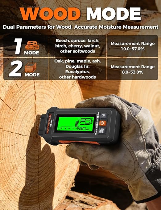 5 in 1 Moisture Meter, POROMETISTO 5 Modes Wood Moisture Meter with Three-Color Backlight, Data Hold & Max Measurement, Ideal for Wood (Oak/Pine/Walnut) and Building Materials