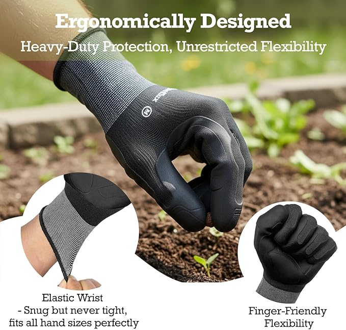 2 Pairs Thickened Non-Slip Gardening Gloves, Recyclable TPE Coating, Durable Breathable Work Gloves for Weeding, Planting, Landscaping & Yard Work, Universal Fit, Black