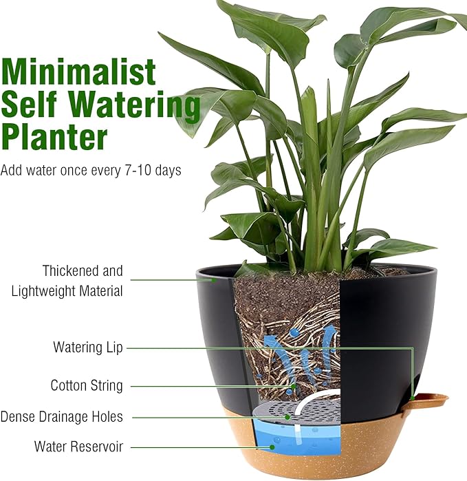 WSMKSZ 12 inch Large Self Watering Pots, Flower Plant Pots with Drainage Holes for Indoor Outdoor Garden Plants, Plastic Planters with Removable Deep Reservoir, Black with Brown