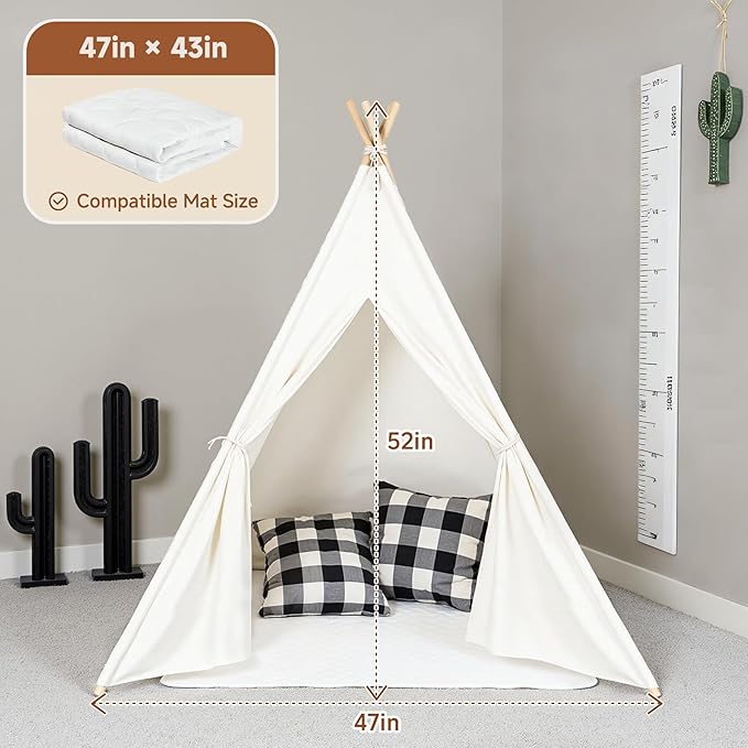 Sumbababy Teepee Tent for Kids with Mat, Cotton Canvas Indoor Foldable Tee Pee Tent for Toddler Slumber Party, Washable Play Tents Gift Toy for Girls & Boy