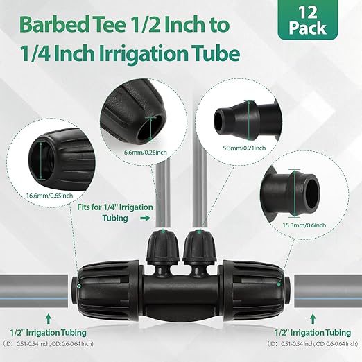 RedChili 12 Pcs 1/2" to 1/4" Drip Irrigation Fittings, Dripline 1/2 Inch (1/2" ID x0.6-0.65" OD) to 1/4 Inch Reducing Tee Adapter Drip Tubing Barbed Lock Nuts 1/2" to 1/4" Irrigation 4 Way Connectors