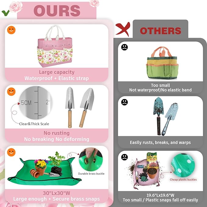 22PCS Garden Tools Set for Women, for Mom Beginner,Heavy Duty Hand Tool Kit Gardening Supplies Included Handy Tote Bag/Trowel/Repotting Mat/Rake/Pruner/Gloves/Plant Tags -Pink