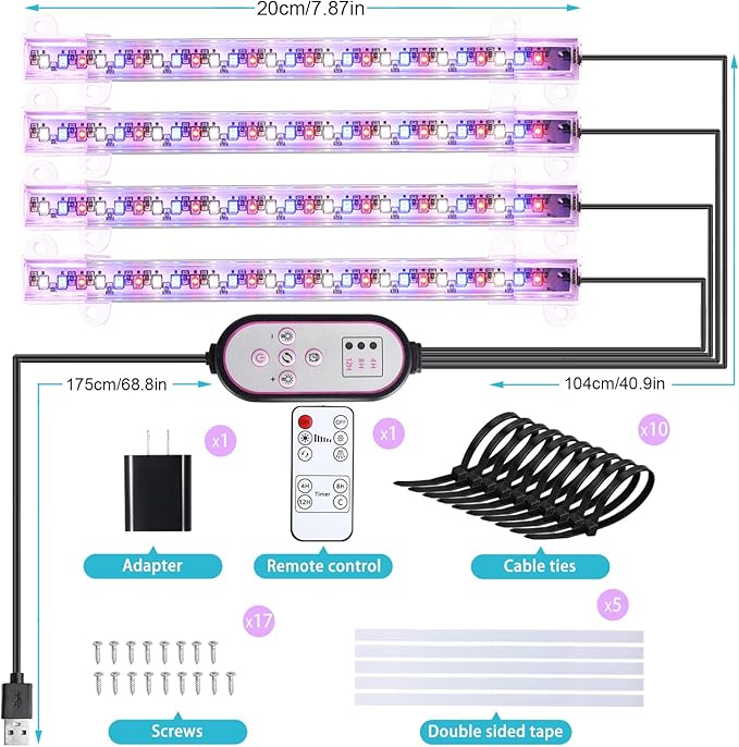 Hywyimlait 7.8'' Growing Lamp for Indoor Plants, Red & Blue & Yellow Full Spectrum, LED Grow Light Strips with 4/8/12H Timer,10 Dimmable Levels for Green House Succulent,4 Head